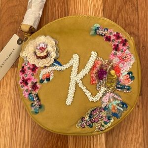 Anthropology K Initial Beaded Embroidered Leather Pouch NWT